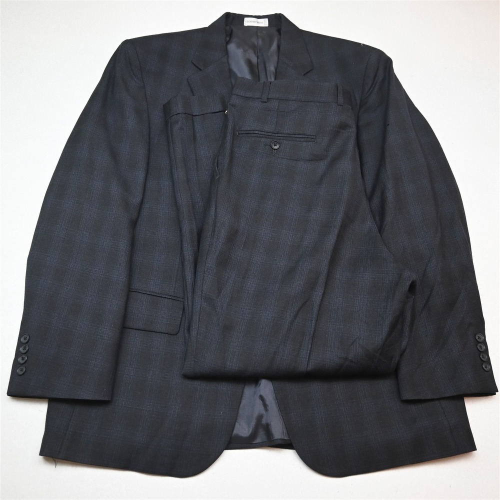 Geoffrey Beene 44R 36x30 Gray Windowpane 100% Wool Mens Jacket Pants Suit